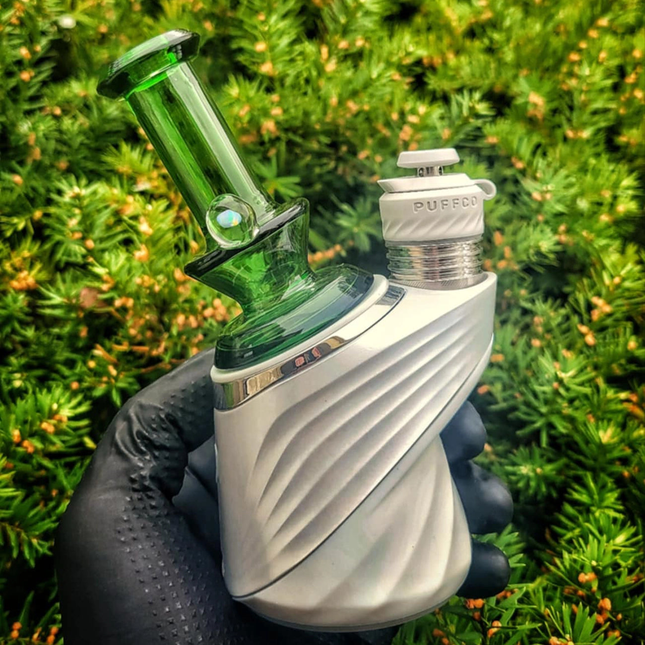 "Flourish Green Opal Hourglass" Dry Puffco Attachment By Iridescent Glass