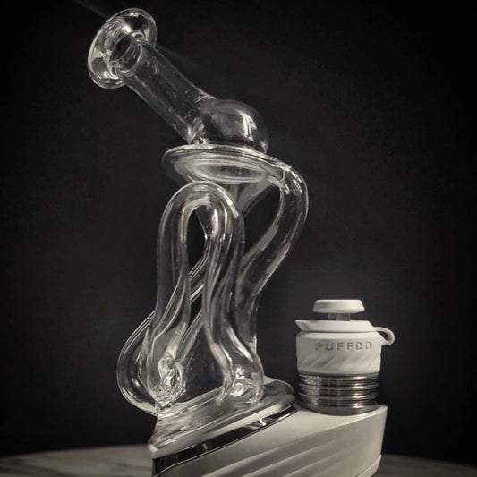 "Clear Flow-ter Recycler #8" Puffco Attachment By Desi B Glass